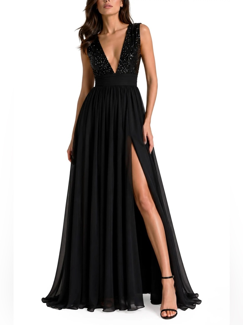 NWOT- BY DESIGN Daphne Sequin Top V-Plunge Maxi Dress, Black, size Medium